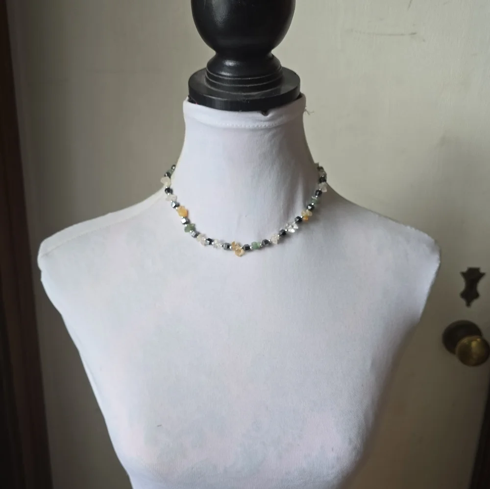 Handmade gemstone necklace beaded yellow green grey gray silver tone clear